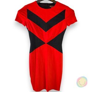 Vince Camuto Dress Womens 0 Red Black Colorblock Sheath Career Cocktail Holiday